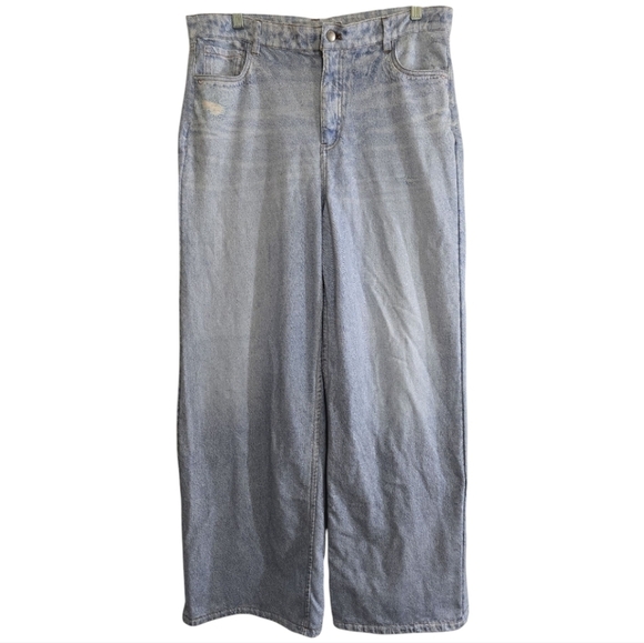 Ecru Denim-Print Wide-Leg Sweatpants 10 Pockets Zip & Button Closure Light Blue - Picture 2 of 9